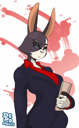 anthro big_breasts big_ears black_body black_fur blue_eyes breasts brown_body brown_fur clothing electronics eyewear female fur glasses looking_at_viewer multicolored_body multicolored_fur shirt simple_background solo tablet tablet_computer topwear two_tone_body two_tone_fur white_body white_fur dedoarts glue_studios rimba_racer ms._torres_(rimba_racer) lagomorph leporid mammal rabbit