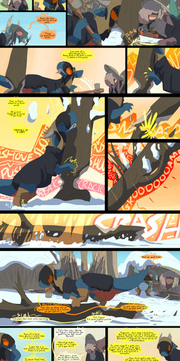 axe cutting_wood dialogue fantasy horn log plant snow text tree winter wood thepatchedragon dragonscape mythology forl_(thepatchedragon) gila_(thepatchedragon) dinosaur dragon drekir mythological_creature mythological_scalie prehistoric_species reptile scalie theropod absurd_res comic english_text hi_res