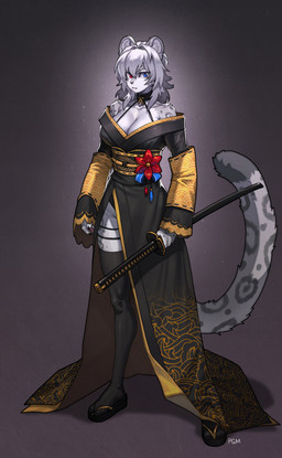 5_fingers anthro asian_clothing biped blue_eyes breasts clothed clothed_anthro clothed_female clothing east_asian_clothing female fingers footwear front_view fur grey_body grey_fur grey_hair grey_tail hair holding_melee_weapon holding_object holding_sword holding_weapon japanese_clothing kimono looking_at_viewer markings melee_weapon obi obijime red_eyes shoes socks solo spots spotted_body spotted_fur spotted_markings spotted_tail standing sword tabi_socks tail tail_markings weapon zori pgm300 felid mammal pantherine snow_leopard 2025 absurd_res digital_drawing_(artwork) digital_media_(artwork) hi_res