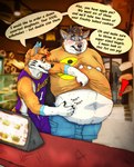 anthro basketball_uniform belly belly_overhang big_belly bulge clothing dialogue duo male male/male moobs navel obese overweight overweight_anthro overweight_male patting shopping speech_bubble sportswear teasing text uniform lukoi los_angeles_lakers nba reuben_fox canid canine fox grey_fox mammal urocyon english_text hi_res