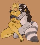 anthro areola blush breasts brown_body brown_fur brown_hair canid canine canis cuddling domestic_dog driiadi duo embrace eyes_closed female female/female fluffy fluffy_tail fur grey_body grey_fur hair hand_on_breast heart_symbol hi_res hug hunting_dog mabel_(cherrikissu) mammal markings mature_anthro mature_female nude procyonid raccoon renee_(codecreatures) saluki sighthound simple_background slightly_chubby slightly_chubby_female striped_markings striped_tail stripes tail tail_markings