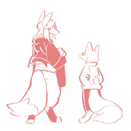 ambiguous_gender anthro bottomwear clothed clothing digitigrade dipstick_tail duo eyewear glasses hair hair_over_eye markings one_eye_obstructed rear_view simple_background size_difference standing tail tail_markings topwear unsigned asnnonaka aka_(asnnonaka) kitsugawa_sakura canid canine fox mammal 1:1 monochrome red_and_white sketch brother_(lore) nonbinary_(lore) sibling_(lore)