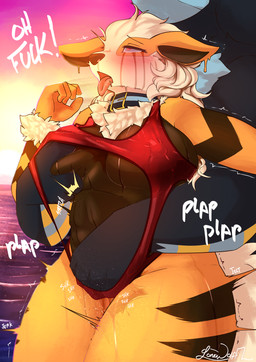 abdominal_bulge anthro anthro_on_anthro biped blush breast_grab breasts clothing collar duo faceless_anthro faceless_character faceless_male female fingering fingering_partner front_view fur hand_on_breast male male/female nipple_outline one-piece_swimsuit onomatopoeia open_mouth orange_body orange_fur outside red_eyes sex sky sound_effects standing swimwear tail text tongue tongue_out tremble_lines vaginal vaginal_fingering lonewolffl nintendo pokemon lone_(lonewolffl) arcanine generation_1_pokemon generation_4_pokemon luxray pokemon_(species) 2025 digital_drawing_(artwork) digital_media_(artwork) hi_res