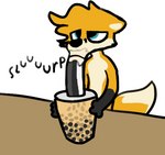 anthro beverage black_body black_fur blonde_hair blue_eyes bubble_tea fur fur_markings gloves_(marking) hair markings multicolored_body multicolored_fur slurping solo tail tail_markings text two_tone_body two_tone_fur two_tone_tail white_body white_fur white_tail yellow_body yellow_fur yellow_tail chrismono chris_(chrismono) canid canine fox mammal 2022 english_text