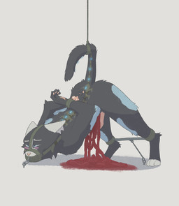 4_toes 5_fingers animal_genitalia animal_penis arms_tied bdsm black_body black_fur blood blue_body blue_eyes blue_fur blue_sclera bodily_fluids bondage bound eyebrows feet feline_genitalia feline_penis fingers fur genitals gore gore_focus guts hands_behind_back intestines legs_tied male multicolored_body multicolored_fur muzzle_(object) muzzled orange_nose orange_pawpads orange_penis organs pawpads penis solo tail tail_tied toes white_body white_ears white_eyebrows white_fur chuchochi domestic_cat felid feline felis mammal hi_res