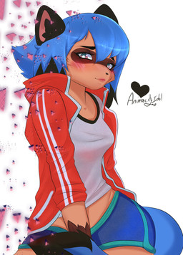 anthro athletic_wear blue_body blue_fur blue_hair blush bottomwear breasts brown_body brown_fur clothed clothing facial_markings female fur gym_bottomwear gym_shorts hair head_markings jacket lipstick looking_at_viewer makeup markings mask_(marking) midriff multicolored_eyes multicolored_hair shorts simple_background smile solo topwear animacityidol brand_new_animal studio_trigger michiru_kagemori canid canine mammal raccoon_dog tanuki 2020 digital_media_(artwork) hi_res