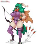 anthro archer arrow_(weapon) beak belt big_breasts bow_(weapon) breasts brown_body brown_eyes claws clothed clothing cosplay crossover_cosplay curvy_figure feathers feet female green_body hand_on_hip hood huge_breasts jumpsuit legwear leotard looking_at_viewer nipple_outline patreon_logo pokemorph purple_clothing ranged_weapon simple_background skimpy solo standing stockings subscribestar_logo talons text thick_thighs thigh_highs toes weapon white_background white_body wings girlsay marvel nintendo patreon pokemon subscribestar the_avengers hawkeye hawkeye_(marvel) avian bird decidueye generation_7_pokemon pokemon_(species) crossover hi_res url