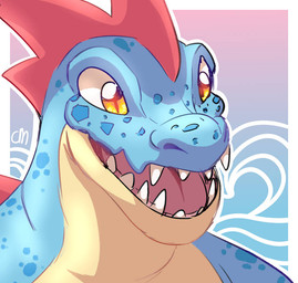 abstract_background blue_body countershade_neck countershade_torso countershading feral head_spikes open_mouth open_smile pink_tongue scales sharp_teeth smile snout solo spikes spikes_(anatomy) teeth tongue yellow_eyes nights_and_mono nintendo pokemon feraligatr generation_2_pokemon pokemon_(species) signature