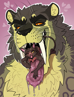 anthro big_fangs black_nose bodily_fluids brown_body brown_fur cheek_tuft chest_tuft drooling duo facial_tuft fangs front_view fur glistening glistening_eyes green_body green_fur head_tuft heart_symbol in_mouth male male_anthro male_pred male_prey mouth_play muscular muscular_anthro muscular_male narrowed_eyes nude one_eye_closed open_mouth orange_eyes pink_background pupils red_body red_fur saliva saliva_on_tongue saliva_string simple_background slim_anthro slim_male slit_pupils teeth tuft vore whiskers yellow_eyes swampjaws swamp_jaws_(imperatorcaesar) felid mammal hi_res