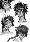 braided_hair collar hair jewelry male multiple_angles necklace pointy_ears simple_background smile solo striped_body stripes teeth tribal tribal_jewelry maxspite james_cameron's_avatar alien alien_humanoid humanoid na'vi 2024 digital_drawing_(artwork) digital_media_(artwork) greyscale hi_res monochrome sketch sketch_page