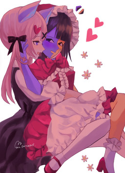 alternative_fashion bangs black_eyes black_hair blue_body blunt_bangs blush bonnet breasts canon_x_oc clothed clothing dress duo eyebrows female female/female hair hat headgear headwear j-fashion lolita_(fashion) lolita_dress multicolored_body simple_background smile sweet_lolita two_tone_body yellow_body usagimarumei ena_(series) ena_(web_series) ena_(joel_g) mezo_(usagimarumei) animal_humanoid canid canid_humanoid canine canine_humanoid ena_(species) human humanoid mammal mammal_humanoid wolf_humanoid digital_media_(artwork) hi_res