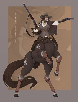 ammo_belt brown_hair bulge clothing cowboy_hat gloves gun gynomorph hair handgun handwear hat headgear headwear holster hooves horse_ears intersex long_hair long_tail poncho ranged_weapon repeater_rifle revolver shin_guards solo tail topwear underwear vest weapon wmdiscovery93 european_mythology greek_mythology mythology centaur equid equid_taur humanoid_taur mammal mammal_taur taur hi_res
