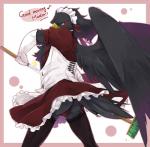 anthro beak black_body black_feathers border butt clothed clothing crossdressing feathered_wings feathers femboy holding_object looking_at_viewer looking_back maid_uniform male outside_border simple_background solo standing tail tail_feathers text uniform wings kubikitsune avian bird english_text hi_res