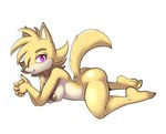 anthro areola breasts butt clasped_hands female looking_at_viewer lying nipples nude on_front purple_eyes simple_background solo sploot tan_body white_background yellow_body fourssss ellie_the_wolf canid canine canis mammal wolf 2025 full-length_portrait hi_res portrait