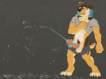 4_toes 5_fingers anthro ball_tuft balls big_penis bite biting_lip blue_eyes bodily_fluids bottomwear brown_body brown_fur clenched_teeth clothed clothing cum cum_on_ground cumshot digitigrade_paws disembodied_hand ears_back ejaculation ejaculation_from_handjob excessive_cum excessive_genital_fluids facial_hair fangs feet fingers fur genital_fluids genitals ghost_hand goatee grey_bottomwear grey_clothing grey_shirt grey_shorts grey_topwear huge_penis humanoid_genitalia humanoid_penis male partially_clothed paws penis pivoted_ears shirt shorts solo tan_body tan_fur teeth toes topwear tuft underwear underwear_down yellow_body yellow_fur rekkidoggo rex_(rekkidoggo) canid canine canis domestic_dog mammal 4:3 hi_res