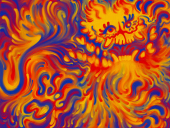 4_fingers abstract_art ambiguous_gender bright_colors eyelashes feral fingers fire heart_(marking) markings teeth tusks ink-the-artist monster 2025 hi_res