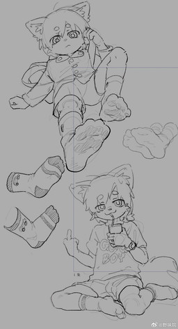 4_toes 5_fingers anthro backpack bangs bent_legs bottomwear circle_eyebrows clock clothing disembodied_foot eyebrow_through_hair eyebrows feet fingers foot_fetish foot_focus fox_ears fox_tail gesture grey_background hair hand_gesture inner_ear_fluff looking_at_viewer male middle_finger paw_socks pawprint_socks ponytail school_uniform shirt shorts simple_background smile smiling_at_viewer smirk smirking_at_viewer sock_fetish solo t-shirt teasing teasing_viewer teasing_with_feet toes topwear translucent translucent_hair tuft uniform watch wearing_backpack weibo_logo young young_anthro young_male teien weibo canid canine canis fox mammal digital_drawing_(artwork) digital_media_(artwork) guide_lines hi_res line_art monochrome sketch