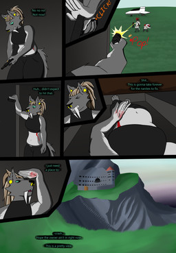 angry anthro belt blood blood_on_hand bodily_fluids bottomwear building bullet_wound cargo_pants castle clothing comic_panel crop_top dialogue fangs female frustrated group gun handgun landscape male pain pants pistol profanity ranged_weapon sabertooth_(anatomy) shirt tail teeth text topwear weapon trichternet rhea_(trichternet) hybrid sabertooth_feline scalie absurd_res comic english_text hi_res