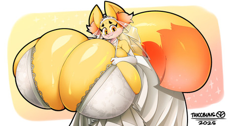 anthro anthrofied big_breasts big_tail blush breasts clothing eyelashes female fur hand_on_breast huge_breasts hyper hyper_breasts inner_ear_fluff simple_background smile solo tail thick_thighs tuft white_clothing yellow_body yellow_fur thiccbuns nintendo pokemon niki_(dofunut) fennekin generation_6_pokemon pokemon_(species) 2025 hi_res