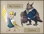 anthro beak biped brown_eyes clothed clothing duo eyewear feathered_wings feathers female glasses grey_body grey_feathers male smile text white_body white_feathers wings yellow_sclera arijuno avian bird owl 2023 colored english_text hi_res