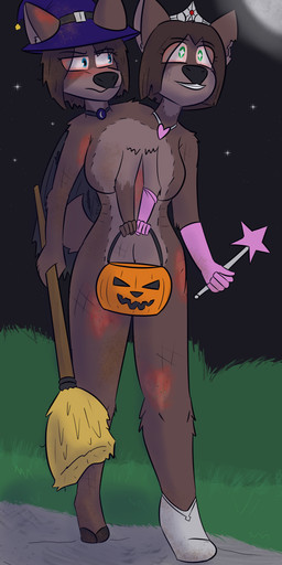 2_heads 4_arms anthro blue_eyes breasts broom brown_body brown_fur cape cleaning_tool clothed clothing conjoined conjoined_twins costume crown dirty duo female food footwear fruit fur gloves green_eyes handwear hat headgear headwear holidays hooves jack-o'-lantern jewelry multi_arm multi_head multi_limb necklace nude partially_clothed plant princess_costume pumpkin radiation_burn shoes slippers smile tiara trick-or-treating wand witch_costume witch_hat notmypornaccount fallout halloween microsoft chloe_and_zoe_(notmypornaccount) deer mammal radstag_(fallout) absurd_res digital_media_(artwork) hi_res sibling_(lore) sister_(lore) sisters_(lore) twins_(lore)