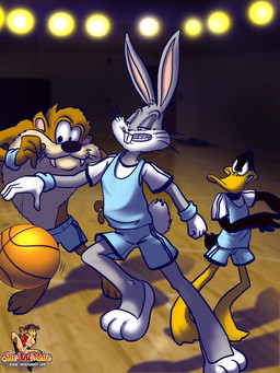anthro ball basketball basketball_(ball) basketball_court breasts female genitals group gynomorph intersex male penis stage sheanimale looney_tunes space_jam warner_brothers bugs_bunny daffy_duck tasmanian_devil_(looney_tunes) anatid anseriform avian bird dasyurid dasyuromorph duck lagomorph leporid mammal marsupial rabbit tasmanian_devil 3:4