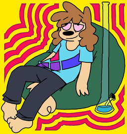 3_fingers 3_toes abstract_background anthro barefoot bean_bag black_bottomwear black_clothing black_pants bloodshot_eyes blue_clothing blue_shirt blue_t-shirt blue_topwear bong bong_water bottomwear brown_hair closed_smile clothed clothed_anthro clothed_male clothing comically_large_object drugs feet fingers fur hair happy male male_anthro marijuana mouth_closed pants print_clothing print_shirt print_t-shirt print_topwear psychedelic_background relaxed_expression relaxing shirt sitting sitting_on_bean_bag smile solo stoned substance_intoxication t-shirt tail tall tan_body tan_fur toes topwear freoncat normalsville harrod_(normalsville) canid canine canis domestic_dog mammal poodle 2025 colored digital_media_(artwork)