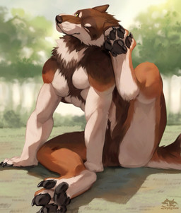 anthro black_pawpads blurred_background brown_body brown_fur claws finger_claws fluffy_paws fur grass head_tilt male neck_tuft one_eye_closed outside pawpads paws plant pointy_ears prick_ears scratching_ear scratching_self sitting solo tail text toe_claws tree tuft whiskers white_body white_fur yellow_eyes zephyxus mythology gausswolf canid canine mammal mythological_canine mythological_creature werecanid werecanine werecreature werewolf 2025 artist_name watermark