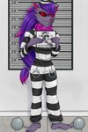 5_fingers 5_toes anthro ball_and_chain barefoot bound chain chained clothed clothing cuff_(restraint) feet female fingers footprint front_view fully_clothed hair handcuffs humanoid_feet legs_tied metal_cuffs mugshot plantigrade prison_uniform prisoner purple_hair red_eyes red_sclera restraints shackles snout solo submissive submissive_female text toes ironjethro nintendo pokemon tai_(taizoroark) generation_5_pokemon generation_7_pokemon lycanroc mammal midnight_lycanroc pokemon_(species) zoroark 2:3 absurd_res english_text hi_res