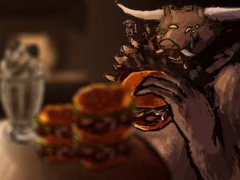 anthro beverage bodily_fluids brown_body brown_mane burger drooling food food_in_mouth glowing glowing_eyes holding_food holding_object horn male mane milkshake multi_eye saliva smile solo yellow_eyes kirou malibog_(dmg) arachnid arthropod bovid bovine canid canine canis caprine cattle goat horned_humanoid humanoid hybrid mammal scorpion suid suine sus_(pig) wild_boar wolf 4:3 hi_res