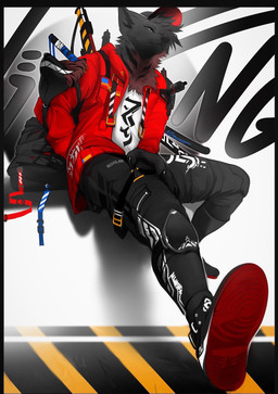 anthro backpack black_body black_bottomwear black_clothing black_fur black_pants bottomwear clothing footwear fur hat headgear headwear jacket male pants plant red_clothing red_jacket red_topwear shirt shoes topwear white_clothing white_shirt white_topwear angiewolf canid canine mammal 2023 digital_media_(artwork) hi_res