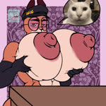 anthro areola big_areola big_breasts breast_slap breasts clothed clothing ears_up female handwear hat headgear headwear huge_areola huge_breasts mostly_nude muscular neckwear nipples orange_body simple_background slap solo speech_bubble sudonart fair_argument_(meme) doji_[doge_gif] canid canine canis domestic_dog lagomorph leporid mammal shiba_inu spitz 1:1 animated meme short_playtime sound webm