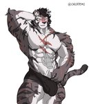 anthro barazoku biped bulge detailed_bulge disembodied_hand duo hair hand_behind_head male male_focus muscular muscular_anthro muscular_male muscular_thighs short_hair solo_focus orcatemi sdorica yao_(sdorica) felid mammal pantherine tiger absurd_res colored hi_res signature