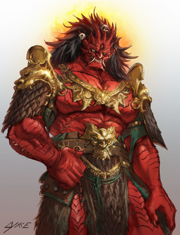 3_eyes abs armor bone claws lykke male multi_eye muscular muscular_male pecs red_body simple_background skull solo standing begtse_(god_of_war) colored digital_drawing_(artwork) digital_media_(artwork) hi_res portrait