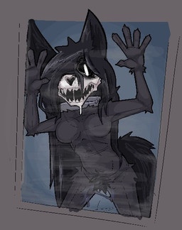against_surface anthro black_hair black_sclera bone breasts breasts_on_glass crotch_tuft featureless_breasts female front_view fur grey_body grey_fur hair hair_over_eye long_hair looking_at_viewer on_glass open_mouth sharp_teeth skull skull_head solo teeth tuft white_eyes breakcoreyuri scp_foundation scp-1471-a canid canid_demon demon malo mammal skull_dog skulldog_(species)