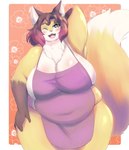 5_fingers anthro apron apron_only belly big_breasts black_nose blush blush_lines body_blush breast_blush breasts brown_body brown_fur brown_hair cleavage clothed clothing dipstick_tail eyebrows eyelashes fangs female fingers front_view fur gloves_(marking) green_eyes hair hand_behind_head hand_on_hip happy humanoid_hands kemono looking_at_viewer markings mature_anthro mature_female multicolored_body multicolored_fur navel_outline one_eye_closed open_mouth open_smile overweight overweight_anthro overweight_female pupils purple_apron purple_clothing raised_tail ruff side_boob smile solo standing tail tail_markings teeth thick_thighs white_body white_fur white_pupils wide_hips homemosaco two_beasts_or_not_to_beast madoka_tagokoro canid canine fox mammal 2023 digital_media_(artwork) hi_res portrait shaded soft_shading three-quarter_portrait