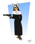 anthro brown_hair clothing ears_up footwear fur gun hair holding_gun holding_object holding_ranged_weapon holding_weapon looking_aside male nun nun_outfit orange_body orange_fur ranged_weapon sandals shoes silencer solo undercover weapon white_body white_fur bartek22 canid canine fox mammal 4:5 absurd_res hi_res