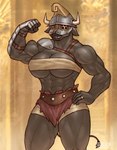 5_fingers abs accessory anthro armor athletic athletic_anthro athletic_female bandeau biceps big_breasts black_body black_eyebrows black_fur blurred_background bottomwear breasts cleavage clothed clothing digit_ring eyebrows female finger_ring fingers flexing flexing_bicep flexing_muscles fur gladiator hair hand_on_hip headgear helmet horn jewelry logo loincloth looking_at_viewer muscular muscular_anthro muscular_arms muscular_female muscular_thighs navel quads ring roman short_hair smile smiling_at_viewer smirk solo standing teeth thick_neck topwear under_boob warrior wedding_ring rawslaw5 european_mythology greek_mythology mythology eleutheria_avarta bovid bovine mammal minotaur 2022 absurd_res artist_logo digital_media_(artwork) hi_res signature