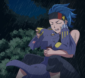 accessory anthro blue_hair clothing duo forest hair headband hug male plant raining shirt tank_top topwear tree royalacademia bandai_namco digimon digimon_beatbreak raito_souda digimon_(species) human mammal monodramon scalie