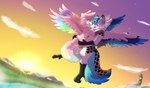 anthro bodily_fluids carrying_another carrying_partner duo dutch_angle feathered_wings feathers flying genital_fluids genitals male male/male male_penetrated male_penetrating male_penetrating_male midair outside penetration penis sex sky skyscape sunset wings nikowari_(artist) canid canine fox mammal absurd_res colorful_theme hi_res