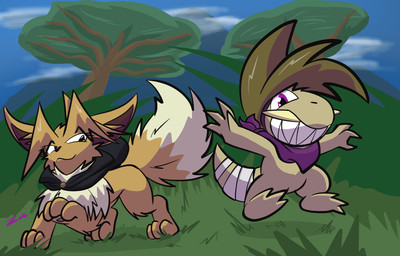 ambiguous_gender bandage black_cape black_clothing black_eyes black_nose branch brown_body brown_fur brown_hair cape claws clenched_teeth closed_smile clothing cloud day duo eyelashes feral fluffy fluffy_tail fur grass hair inner_ear_fluff midair mouth_closed neck_tuft open_mouth open_smile outside pawpads paws plant pose pupils purple_eyes purple_scarf quadruped scarf sharp_teeth shrub sky smile standing tail teeth tree tuft tusks white_sclera zincxiron nintendo pokemon pokemon_mystery_dungeon spike_chunsoft virmir_(character) zinc_(zincxiron) axew eevee generation_1_pokemon generation_5_pokemon pokemon_(species) 2025 hi_res signature
