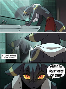 anthro black_body bottomwear clothed clothed_anthro clothed_male clothing dialogue glowing glowing_eyes male mirror mirror_reflection partially_clothed red_eyes reflection shorts sink solo speech_bubble text topless topless_anthro topless_male towel towel_around_neck yellow_sclera odeko-yma nintendo pokemon pokemon_mystery_dungeon spike_chunsoft lucky_(odeko-yma) eeveelution generation_2_pokemon pokemon_(species) umbreon 2026 absurd_res comic digital_media_(artwork) english_text hi_res signature