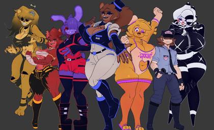 anthro belt blonde_hair blue_hair boots brown_hair clothed clothing crossgender ear_piercing ear_ring empty_eyes female fingers footwear fully_clothed group hair hat headgear headwear legwear male mtf_crossgender obscured_eyes piercing red_hair ring_piercing security security_guard shoes thigh_highs top_hat torn_clothing cryptiacurves fazclaire's_nightclub five_nights_at_freddy's five_nights_at_freddy's_2 scottgames bonfie_(cryptiacurves) bonnie_(fnaf) chica_(fnaf) chiku_(cryptiacurves) fexa_(cryptiacurves) foxy_(fnaf) freddy_(fnaf) frenni_(cryptiacurves) golden_freddy_(fnaf) marie_(cryptiacurves) marionette_(fnaf) type_0_(cryptiacurves) avian bear bird canid canine chicken fox galliform gallus_(genus) ghost human lagomorph leporid mammal phasianid rabbit spirit 3d_(artwork) digital_media_(artwork)