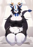 anthro apron bedding big_breasts black_hair blue_eyes blue_highlights breasts cleavage clothed clothing female hair heart_eyes heart_symbol highlights_(coloring) horn huge_breasts kneeling legwear long_hair looking_at_viewer maid_headdress maid_uniform pillow shirt smile solo stockings tail tank_top thick_thighs thigh_highs topwear uniform whiskers white_hair wide_hips soda_uyu mythology dragon felid hybrid mammal mythological_creature mythological_scalie scalie 2022 absurd_res hi_res