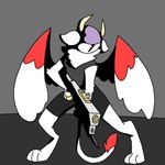 1:1 1_eye angel anthro claw_fingers clothed clothing female grey_background gun hi_res holding_object holding_ranged_weapon holding_weapon horn humanoid i11ogica1 neck_tuft pose ranged_weapon simple_background solo standing tail tail_tuft tuft weapon white_body wings