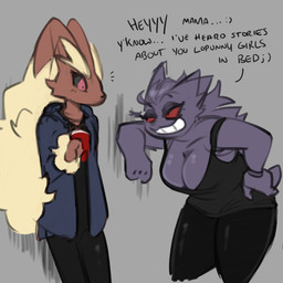 against_surface against_wall anthro bar_emanata big_breasts black_bottomwear black_clothing black_pants black_sclera black_shirt black_topwear blue_clothing blue_jacket blue_topwear bottomwear breasts brown_body brown_fur cleavage cleavage_overflow clothed clothing container cup dialogue duo emanata emoticon female flirting fur grey_background grin hand_on_hip holding_container holding_cup holding_object jacket leaning pants purple_body red_eyes red_sclera shirt simple_background smile tan_body tan_fur tank_top text topwear poogyl nintendo pokemon gaz_(poogyl) lupe_(poogyl) generation_1_pokemon generation_4_pokemon gengar ghost lagomorph lopunny mammal pokemon_(species) spirit 1:1 2022 english_text hi_res male_(lore)