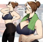 accessory anthro big_breasts black_nose bottomwear breasts brown_hair cleavage clothed clothing dialogue exercise_clothing eyebrow_through_hair eyebrows eyelashes eyes_closed eyewear female glasses green_eyes hair hair_accessory hair_bun hair_sticks highlights_(coloring) huge_breasts looking_at_viewer mature_female midriff navel pants shirt solo speech_bubble tank_top text topwear towel towel_around_neck translucent translucent_hair white_highlights yoga_pants 00niine elysia_(00niine) canid canine canis domestic_dog mammal 2023 english_text hi_res