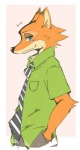 anthro black_nose clothed clothing fully_clothed fur green_eyes hand_in_pocket looking_aside looking_at_viewer male necktie orange_body orange_fur pockets shirt side_view smile solo topwear shimomaro disney zootopia nick_wilde canid canine fox mammal red_fox true_fox 2017 sketch