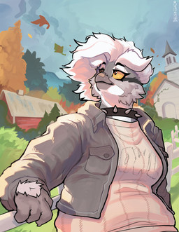 against_fence against_surface anthro band-aid band-aid_on_beak band-aid_on_face band-aid_on_nose bandage bandage_on_beak bandage_on_face bandage_on_nose barn beak biped breasts clothed clothing collar eyebrows falling_leaves female female_anthro fence fully_clothed fur fur_tuft grey_body grey_fur hair jacket looking_up non-mammal_breasts outside red_eyes shirt slightly_chubby slightly_chubby_anthro slightly_chubby_female solo spiked_collar spikes sweater text text_on_clothing text_on_shirt text_on_topwear topwear tuft white_body white_fur white_hair wind yellow_sclera blujaymacaw joy_(shammy) avian bird owl 2025 colored digital_drawing_(artwork) digital_media_(artwork) half-length_portrait hi_res portrait shaded