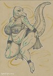 abstract_background anthro belly big_belly breasts clothed clothing eyelashes fangs female glistening glistening_eyes jewelry looking_at_viewer navel necklace nipples non-mammal_breasts non-mammal_navel non-mammal_nipples open_mouth overweight overweight_anthro overweight_female scales solo teeth thick_thighs translucent translucent_clothing translucent_topwear ventral_scales wide_hips tiggybloom crocodile crocodilian reptile scalie 2020 dated hi_res partially_colored signature traditional_media_(artwork)